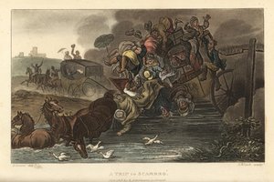 スカーブロへの旅。荷物と乗客を満載した馬車が池に突っ込む。Poetical Sketches of Scarborough, Ackermann, LondonのJ.GreenのスケッチをもとにThomas Rowlandsonが手彩色銅版画、J.Bluckがアクアチントを施したもの。