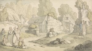 人物と廃墟の建物のある村のシーン（水彩、ペンとインク、紙に鉛筆） 作： Thomas Rowlandson