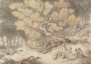 ウッドカッターのピクニック（紙の上のグラファイトの上に水彩でペンとインク） 作： Thomas Rowlandson