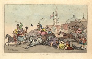 イギリスの町で起きた事故を背景にしたカートレース。 作： Thomas Rowlandson