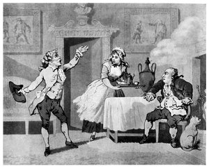 18世紀後半にマネージャーに朗読する俳優。 作： Thomas Rowlandson