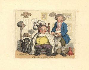 カツラで飾られた理髪店での理髪師と客。 作： Thomas Rowlandson