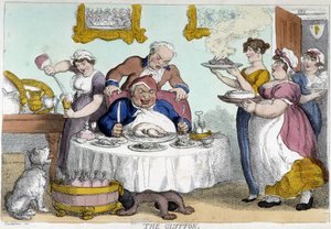 多くの召使に供された豪華な食事を前にしたブルジョア - Rowlandsonによる風刺画 作： Thomas Rowlandson