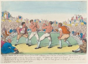 1810 年 5 月 31 日、1810 年 6 月 5 日、ダッチ サムとメドレーの間で 200 ギニーのボクシング マッチが行われました。 作： Thomas Rowlandson