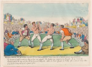 1810 年 5 月 31 日、1810 年 6 月 5 日、ダッチ サムとメドレーの間で行われた 200 ギニーのボクシング マッチ。 作： Thomas Rowlandson