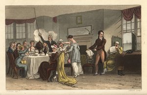 オールド・ベル・イン、スカボローの朝食ルーム。リージェンシー様式の部屋でコーヒーを飲み、新聞を読み、朝食をとる客たち。Poetical Sketche』のJ.Greenによるスケッチの後、Thomas Rowlandsonによる手彩色銅版画、J.Bluckによるアクアチント。