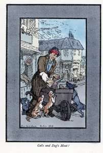 肉屋の旅人が肉を切っていると、犬や猫が手押し車の車輪を攻撃するという。トーマス・ローランドソン（1756-1827）の絵をもとにした木版画で、『The Cris of London: with six charming children and nearly 40 illuststra』に掲載されています。 作： Thomas Rowlandson