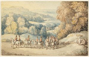 行進する騎兵隊（レクト）；馬のスケッチの断片（裏面） 作： Thomas Rowlandson