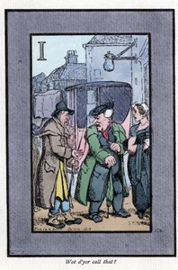小さなチップについて乗客に文句を言うハックニーのチェック（1819年）。トーマス・ローランドソン（1756-1827）の絵をもとにした木版画。『The Cris of London: with six charming children and nearly 40 illustrations, by Andrew Tuer, Field and Tuer』に掲載されています。 作： Thomas Rowlandson