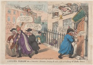 チェルシー・パレード、または「...の内側・外側・裏側を調査するクローク・メンバー」、1809年3月4日。 作： Thomas Rowlandson