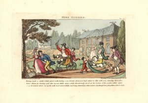 砂利を敷き詰めたばかりのドライブコースをカートで遊んでいる子供たち 作： Thomas Rowlandson