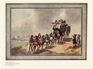 馬車と6頭の馬、屋根の上には乗客と荷物 作： Thomas Rowlandson