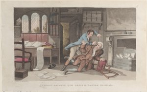 Quae GenusとLawyer Gripe-allの対立（『The History of Johnny Q...』1821年10月1日より）。 作： Thomas Rowlandson