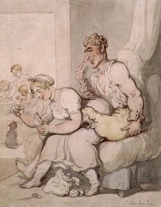 Darning The Sock（ペン＆インク、水彩画 作： Thomas Rowlandson