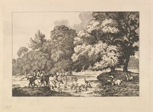 鹿狩り ― 川辺で雄鹿と猟犬たちが描かれた風景画 作： Thomas Rowlandson