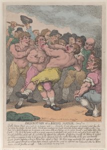 1812 年 3 月 1 日、マーク 100 ギニーのウォードとクワークのボクシングの試合の説明. 作： Thomas Rowlandson