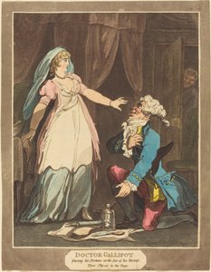 1808年、愛人の足元にフォーチュンを置いたガリポット博士。 作： Thomas Rowlandson