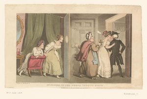ドクター・シンタックスは、二人の女性に導かれてドアをくぐる 作： Thomas Rowlandson