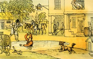 池の中のパットを見て喜ぶシンタックス博士」。 作： Thomas Rowlandson