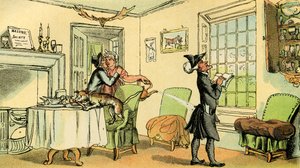 窓のウィットをコピーするDr.Syntax」。 作： Thomas Rowlandson