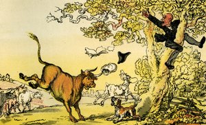 牛に追われるシンタックス博士」。 作： Thomas Rowlandson