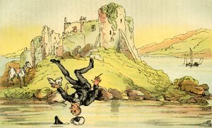 水の中に転がり込むDr.Syntax」。 作： Thomas Rowlandson