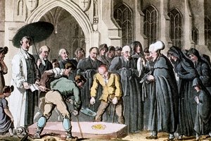 墓に下ろされる妻の棺を見るシンタックス博士（1820年 作： Thomas Rowlandson