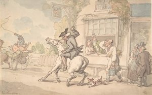 18 ～ 19 世紀の宿屋の前でバルキー馬を連れたシンタックス博士。 作： Thomas Rowlandson