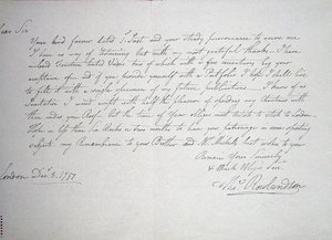 1797年12月8日、画家がパトロン候補であるダウンズ氏に宛てた最古の手紙（紙にペンとインク） 作： Thomas Rowlandson