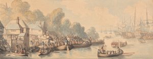 1794年6月20日、サザンプトンでの乗船（水彩、ペン、茶色、灰色、赤茶色のインクを中程度のわずかにテクスチャーのあるクリーム色の網目紙のグラファイト上に） 作： Thomas Rowlandson
