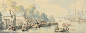 ハウ卿の行動後の6月20日のサザンプトンへの乗船-バージョンB、c.1794（ペンとインクを織り込んだグラファイトの上にペンとインクを塗ったトイレ） 作： Thomas Rowlandson