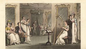 舞踏会でハープ奏者の演奏を聴く英国紳士・淑女たち 作： Thomas Rowlandson