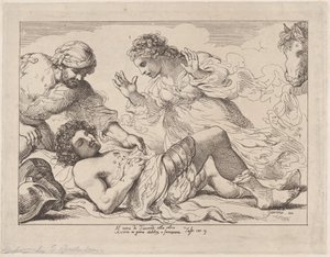エルミニアはタッソから負傷したタンクレッドを発見、Gerusalemme Liberata、ca. 1790年頃。 1790年。 作： Thomas Rowlandson