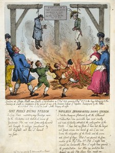 旧イギリスの2人の有名な敵、ガイ・フォークスとナポレオン・ブオナパルトの処刑-絞首台での最後の演説。1813年。 作： Thomas Rowlandson