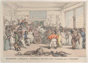 1816 年 1 月 10 日、ウォータールーで撮影されたブロックのボナパルトの馬車博物館での展示。 作： Thomas Rowlandson