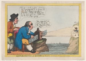 ドーバーまたはマスター チャーリーのマジック ランタンでの実験、1806 年 7 月 21 日、1806 年 7 月 21 日。 作： Thomas Rowlandson