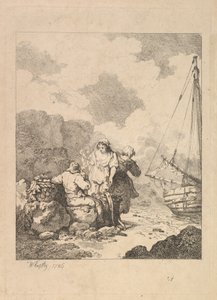 岸辺の漁師 - 岩の上に座ってパイプを吸っている男性との海岸の風景、ネクサス、1786年。 作： Thomas Rowlandson