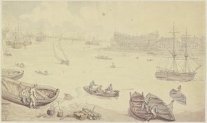 多くの船が行き交う川と造船所 作： Thomas Rowlandson