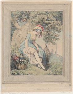 彼女のガーターを調整するバスケットと鳥かごを持つ少女, 1785-95., 1785-95. 作： Thomas Rowlandson