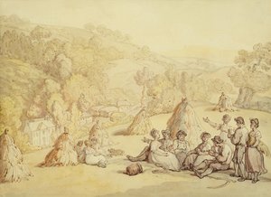 トウモロコシ畑で休む収穫者、c.1805-10（紙に洗ったペンとインク） 作： Thomas Rowlandson
