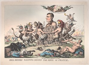 1815 年 4 月 8 日、フランスの偶像の周りに集結するヘルハウンド。 作： Thomas Rowlandson