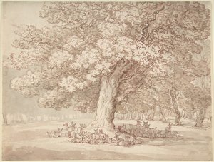 樫の木の下にいる鹿の群れ 作： Thomas Rowlandson