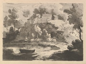 起伏のある川の風景、左手前の水に浮かぶボート、ファーショーのフィギュア...、1783年〜84年。 作： Thomas Rowlandson