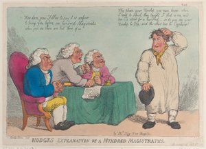 1815 年 3 月 1 日、100 人の治安判事に関するホッジの説明、1815 年 3 月 1 日。 作： Thomas Rowlandson
