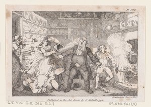 ホステスは、1792 年の冒険から、パーソン アンドリュースの顔に血の皿を排出します。