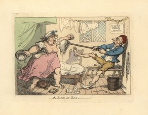 怒る妻をモップで押さえつける夫。 作： Thomas Rowlandson