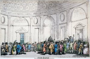 イングランド銀行、ロンドン市、1792 年の内部ビュー。 作： Thomas Rowlandson