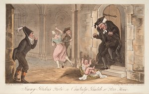 英国のスパイ、パブからピーターハウスでジェミーゴードンフロリック、またはケンブリッジガンボルズ。 1824（手塗りの彫刻） 作： Thomas Rowlandson