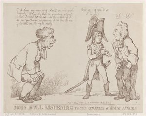 国務の口論を聞くジョン・ブル、1803 年 5 月 1 日、1803 年 5 月 1 日。 作： Thomas Rowlandson