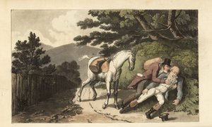 馬から突き落とされた旅人を助けるジョニー。トーマス・ローランドソンによる手彩色銅版画、ウィリアム・コム著『ジョニー・クエ・ジーナスの歴史、故シンタクス博士の小さな孤児』より。 作： Thomas Rowlandson